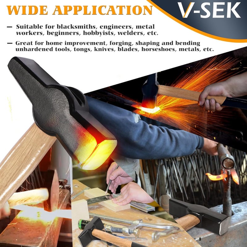 V-SEK Blacksmith Hammer 0000811-1000 Bladesmith Blacksmithing Forging Hammer Knife Making Metal Working Forge Tool Round Square Face Cross Peen with Steel Head Wooden Handle (2.2 lb / 1000 g) - Image 4